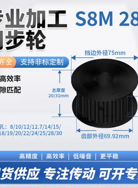 同步轮S8M28齿钢A黑齿宽16/27内孔1271415铝微型调节导向同步带轮
