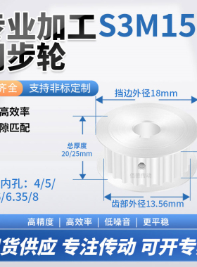 同步轮S3M15齿AF齿宽16/21内孔5635810127铝微型调节导向同步带轮