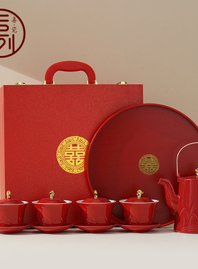 恒列结婚改口敬茶杯一对红色茶壶茶具敬茶杯送新婚陪嫁喜碗筷套装
