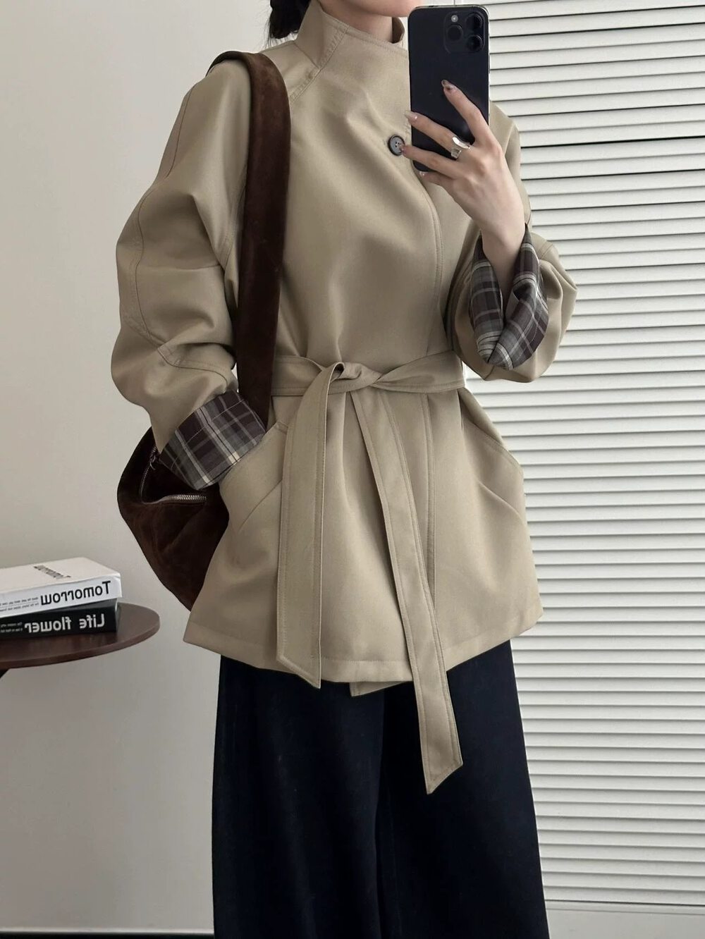 2025秋冬新款韩版宽松显瘦立领撞色格子风衣羽绒服外套女大衣