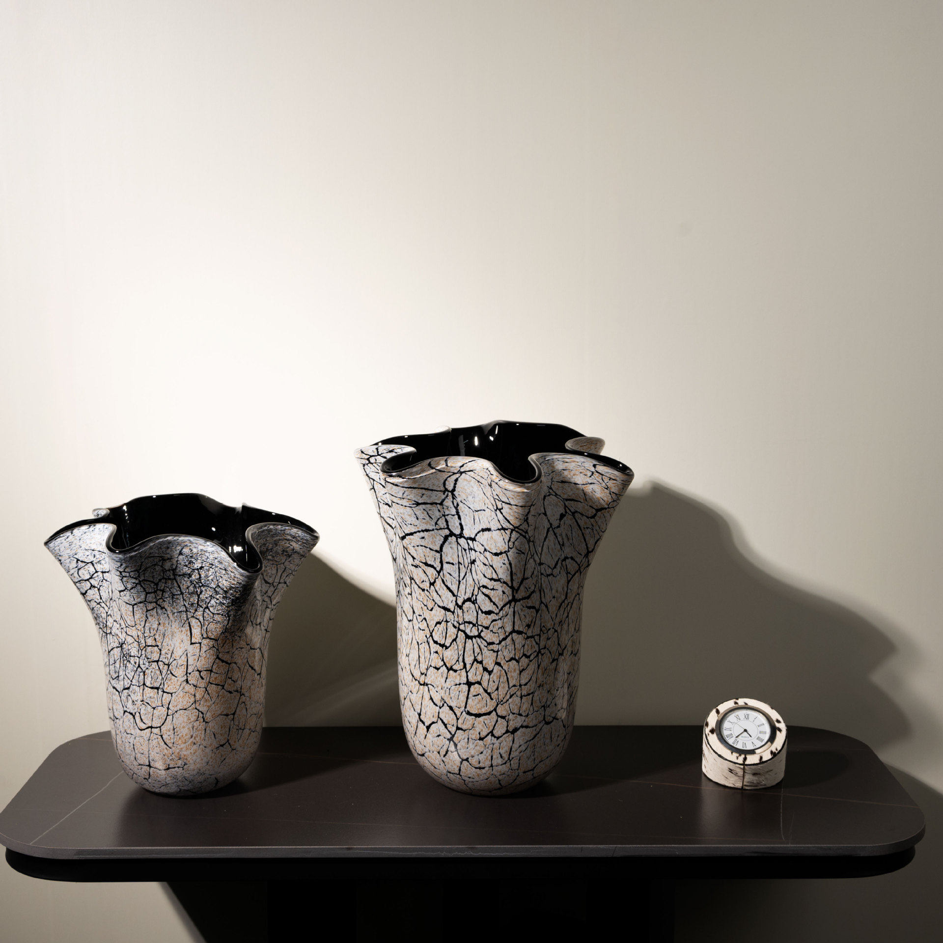 中古风棕色不规则条纹大口琉璃花瓶创意轻奢样板间诧寂风艺术软装