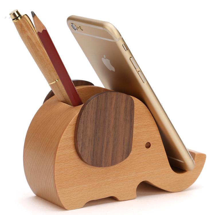 大象笔筒笔插木质手机支架桌面小象实木办公室收纳教师节礼物实用