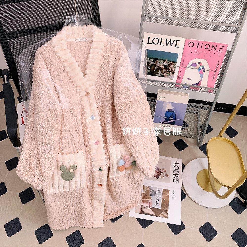 小香风珊瑚绒睡袍女秋冬季加厚中长版浴袍外套单件法兰绒睡衣裙子