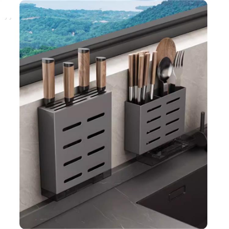 不锈钢刀架壁挂式厨房置物架一体放菜刀架沥水筷子筒刀具收纳架子