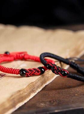 天然红玛瑙同心结情侣手链男七夕礼物送女友相思红豆手工编织手绳