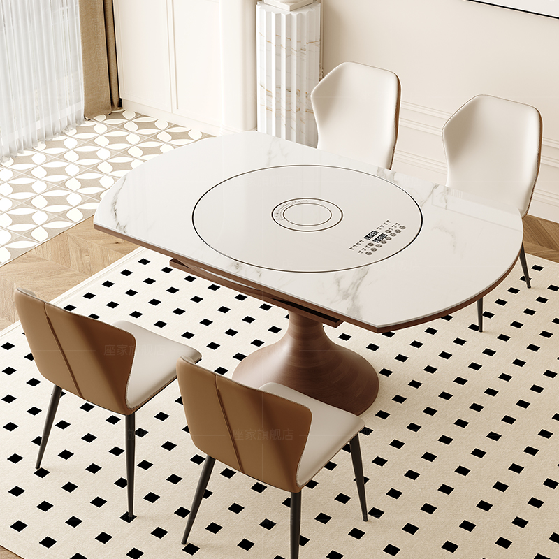 焕新补座家岩板餐桌带智能转盘