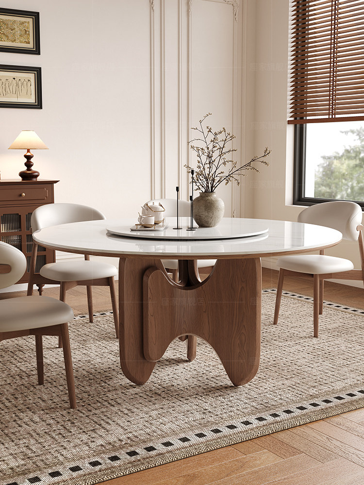 座家岩板餐桌法式覆古风家用简约新款白蜡木中古风实木圆形饭桌