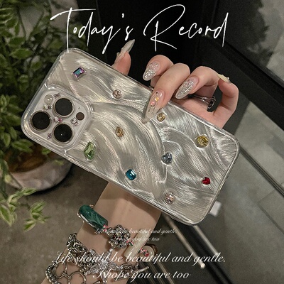 ins镭射羽纱彩色水钻适用苹果17 16promax手机壳iPhone15滴胶14新款软壳12全包13mini少女保护套11防摔xs少女