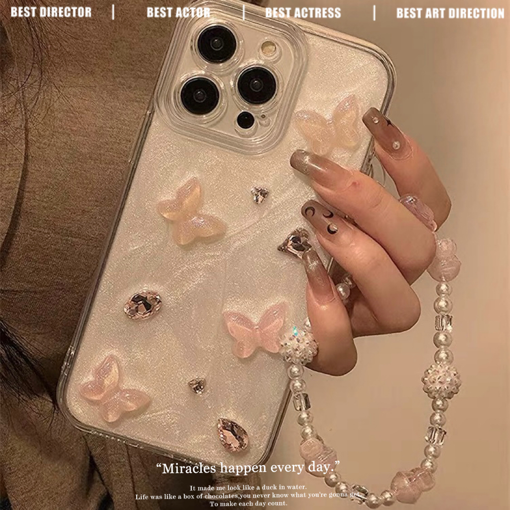 立体珠光水钻蝴蝶适用苹果16promax手机壳iPhone15滴胶原创14新款苹果13 12防摔11pro软壳16e xsmax保护套女