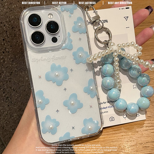ins日韩珍珠蓝色花朵三星手机壳