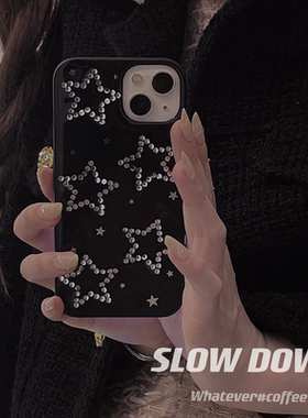 y2k辣妹水钻黑色星星适用苹果15 14promax手机壳iPhone13 12 11pro滴胶软壳8plus xsmax xr保护套se3小众少女