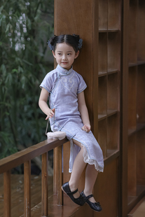 晴山如意 限时赏味原创儿童女童蓝色民国中国风交织如意旗袍