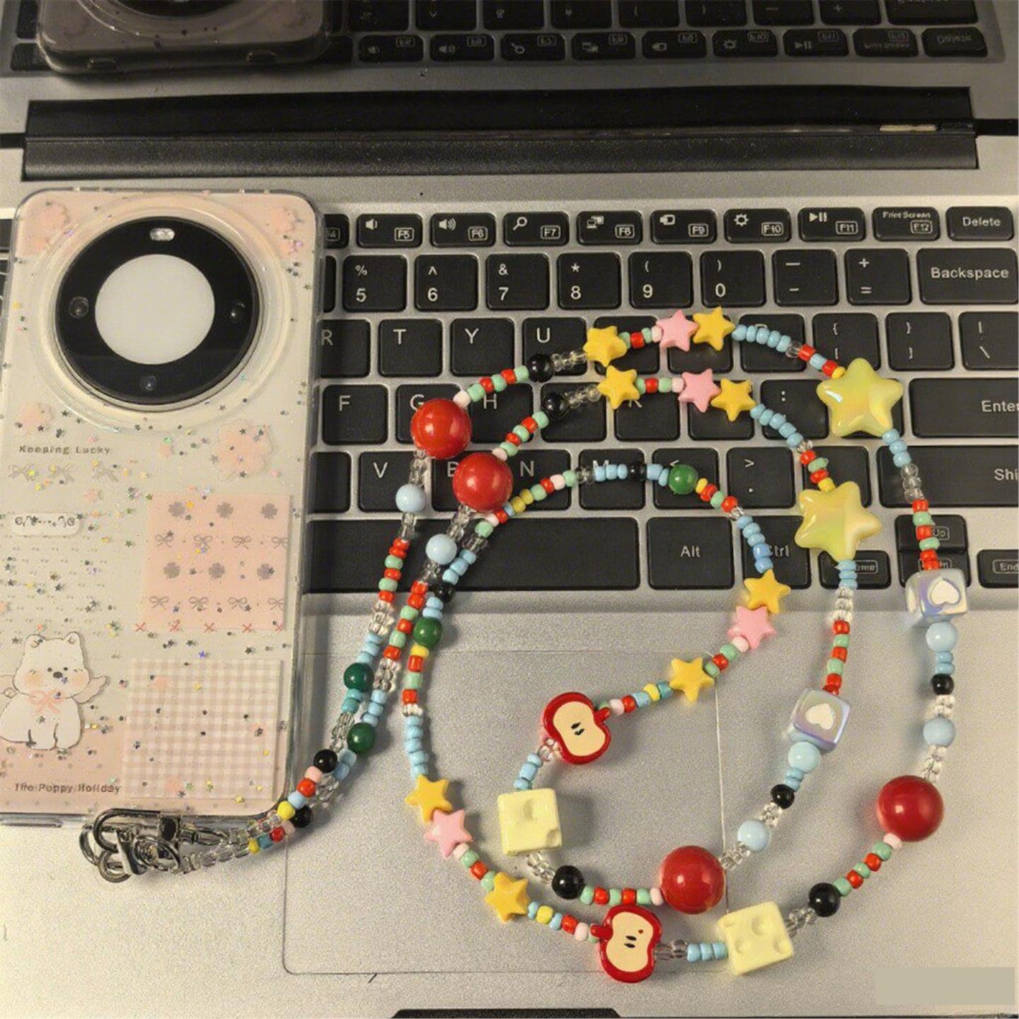 可爱手机链甜妹少女心串珠挂链夏日彩虹色卡通链条斜挎可背链子