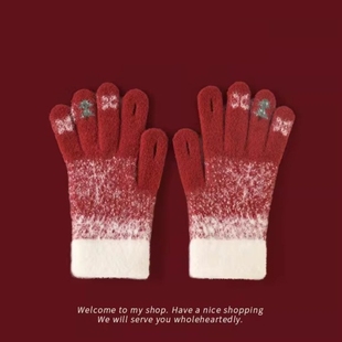 新年圣诞节礼物红色毛线手套女冬季骑行保暖防寒露指针织加厚防风