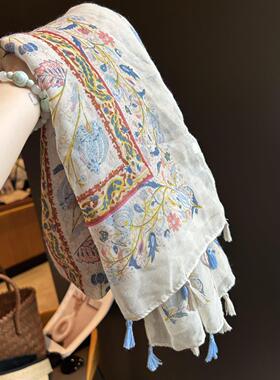 复古棉麻印花丝巾海边度假沙滩时尚披肩高级感小众百搭出片配饰女