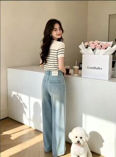 云水蓝百搭显瘦女生窄版阔腿直筒牛仔裤