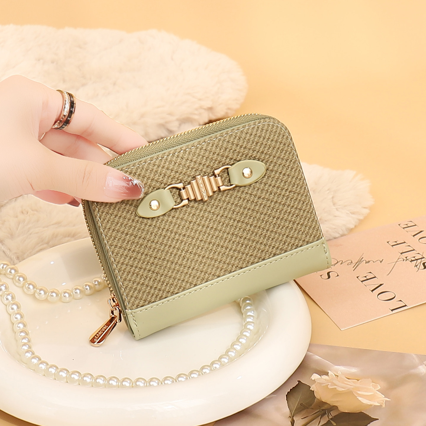 编织撞色拼接小钱包女生2026新款高级感折叠便携时尚钱包卡包一体