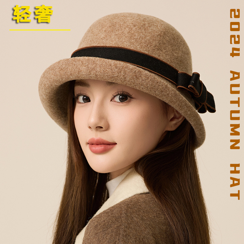 礼帽女高端秋冬法式卷边蝴蝶结渔夫帽英伦风毛呢高级感毡帽盆帽