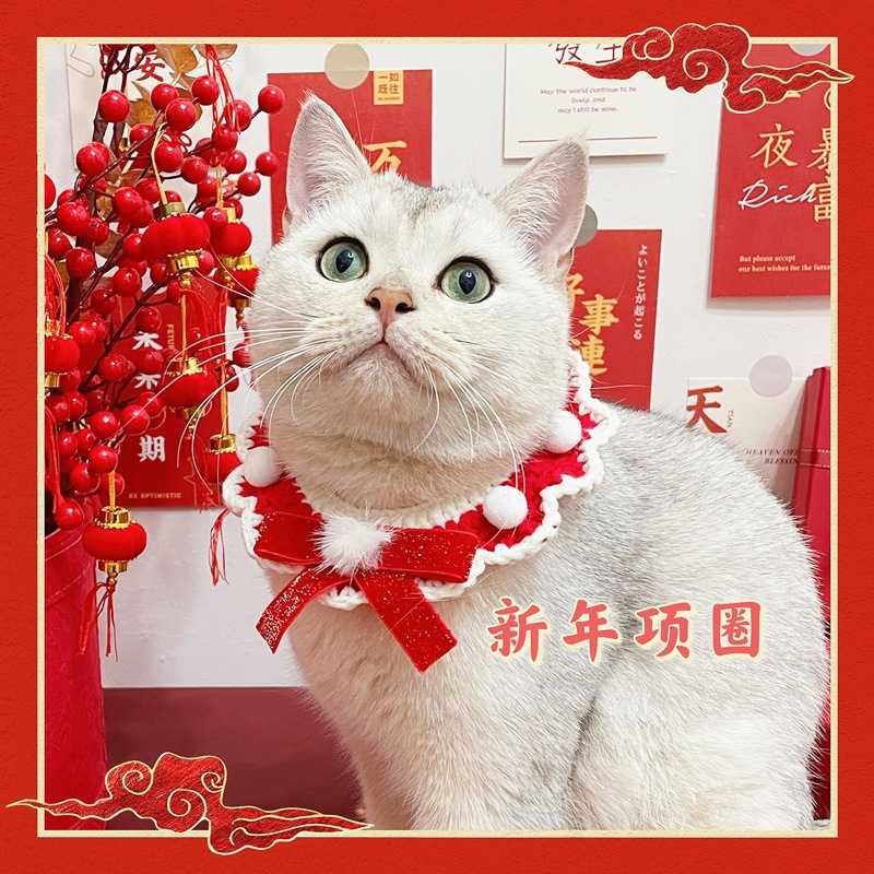 宠物新年项圈猫针织蝴蝶结围脖狗狗喜庆春节衣服围巾猫狗新年礼物 宠物/宠物食品及用品 项圈/肩带 原图主图