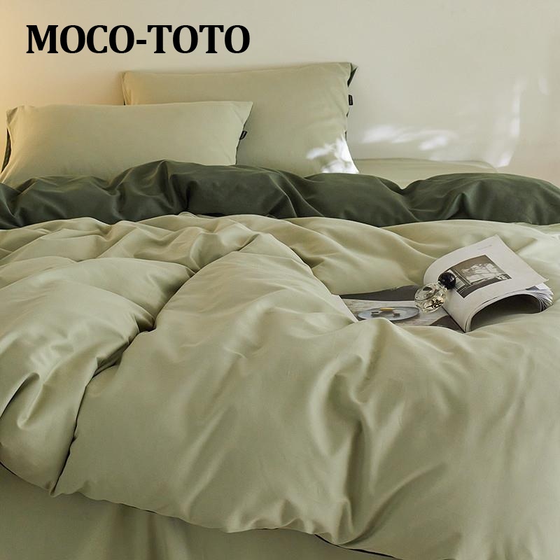 MOCO-TOTOA类高支加厚四件套清新秋冬纯色双拼色纯棉磨毛床单床笠