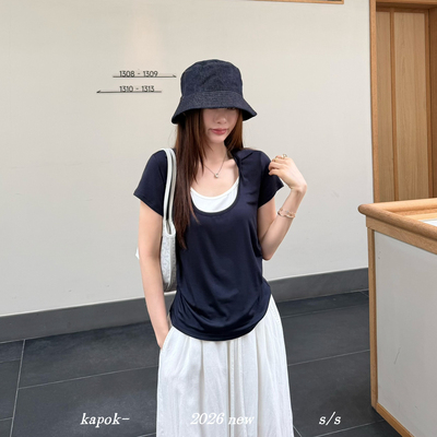 KAPOK-26夏上新法式撞色假两件拼接时尚百搭小众休闲短袖T恤61008