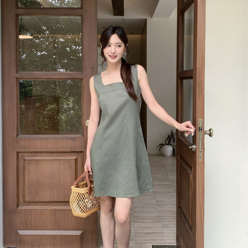 F.THREE三姐妹-亚麻韩系简约短款无袖背心连衣裙（含30亚麻）9628