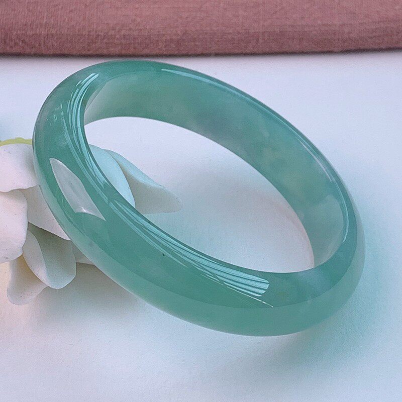 冰糯种蓝水玉手镯油青透蓝底飘花平安镯圆条贵妃女石英岩玉镯子