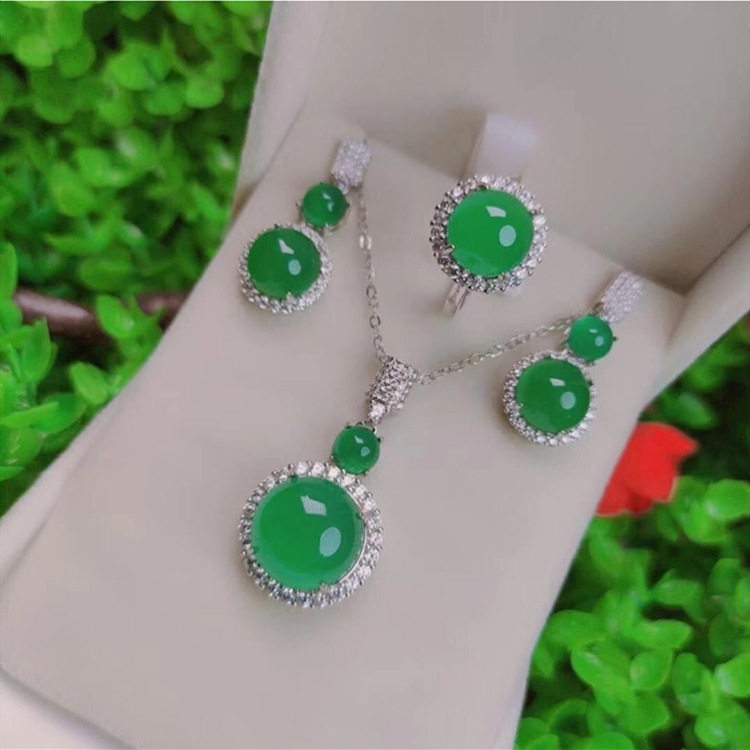 三件套戒指耳坠项链翡翠色女士925银礼品首饰直播间套装