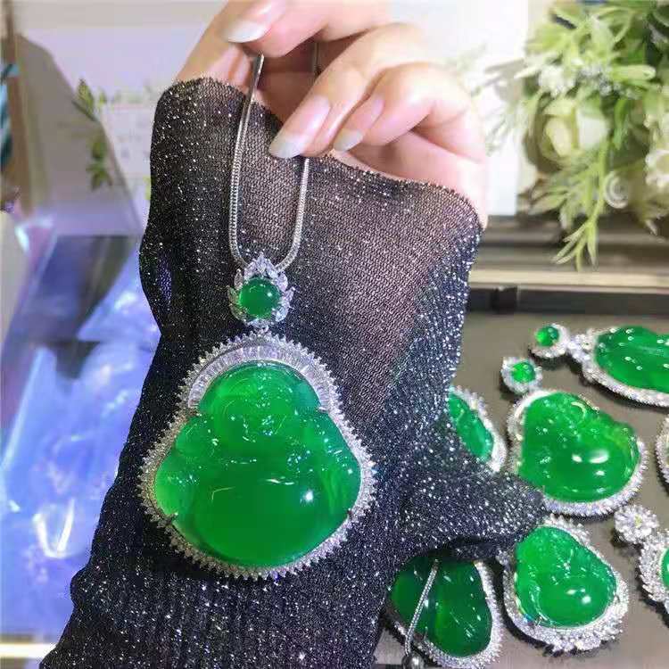 镶嵌高冰翡翠色帝王绿佛公吊坠 大号女款玉石项链挂件石英岩玉镯