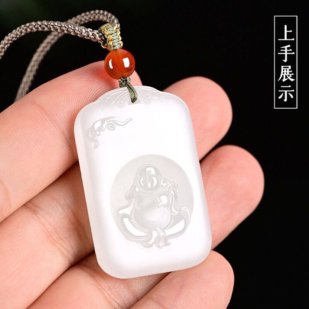 阿富汗羊脂白玉笑佛吊坠女毛衣链玉石玉坠福在眼前佛公弥勒佛玉石