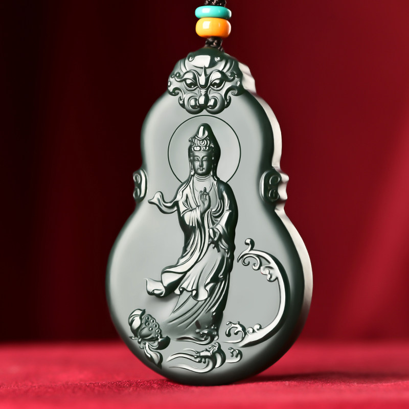 天然新疆和田玉青玉塔青牌子羊脂级细料观音吊坠项链福禄玉观音