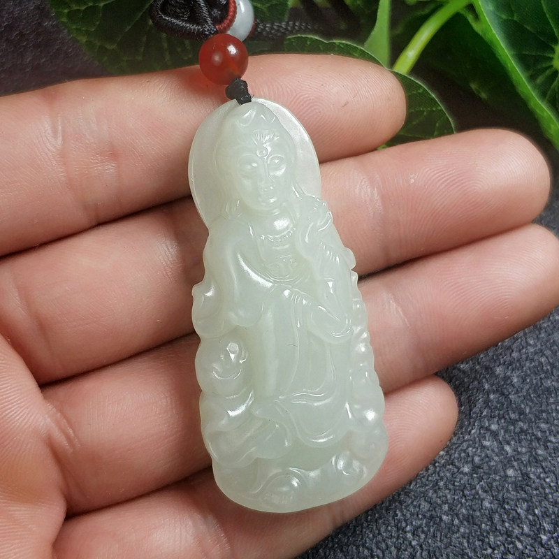 天然新疆和田色仿玉观音吊坠 男款保平安站观音挂件菩萨玉佩 玉器