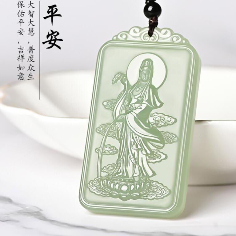和田色青白玉观音吊坠男款