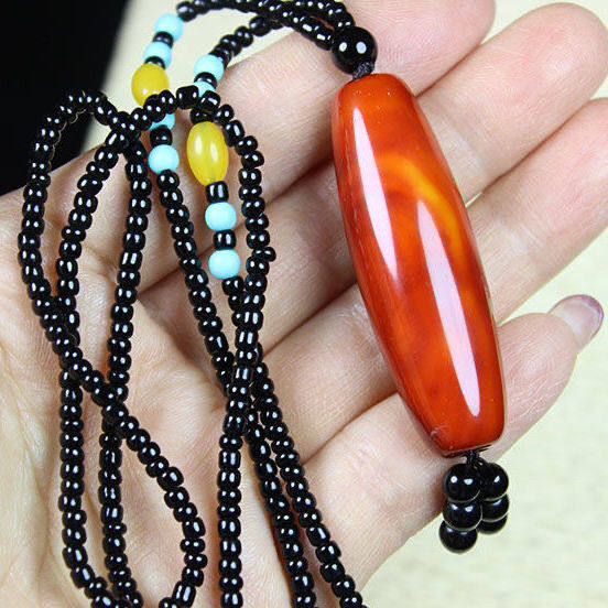 正宗战国红玛瑙路路通吊坠项链玛瑙桶珠民族风毛衣链佩戴招财招运