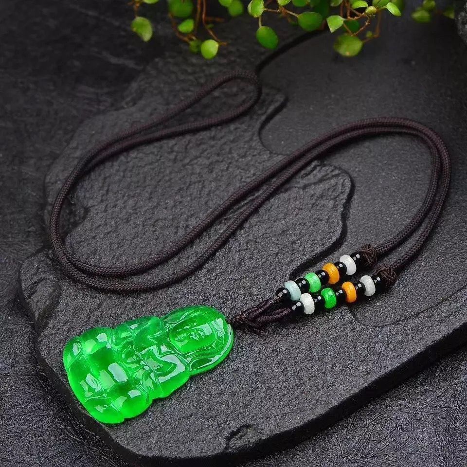 新款高冰满绿翡翠玉石项链佛公观音吊坠帝王绿冰透观音挂件仿真玉