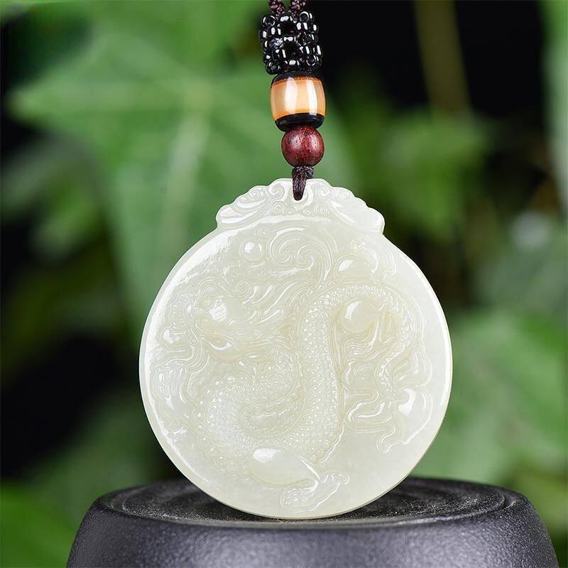 和田色吊坠青白玉龙凤对玉佩情侣玉牌项链玉石挂件龙凤双面雕刻