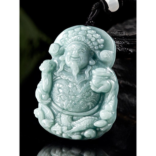 A货翡翠蓝水财神吊坠招财冰种玉石项链饰品男女挂件玉佩玉器