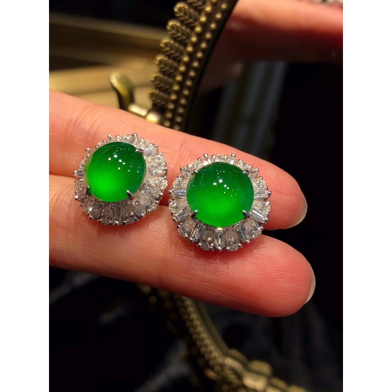 冰种正阳绿翡翠耳钉银镀18k金镶嵌耳饰冰种蛋面满绿耳坠