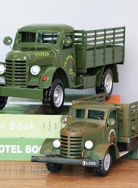 纯手工铁皮老解放卡车二战军车模型老爷车吉普车摆件橱窗道具