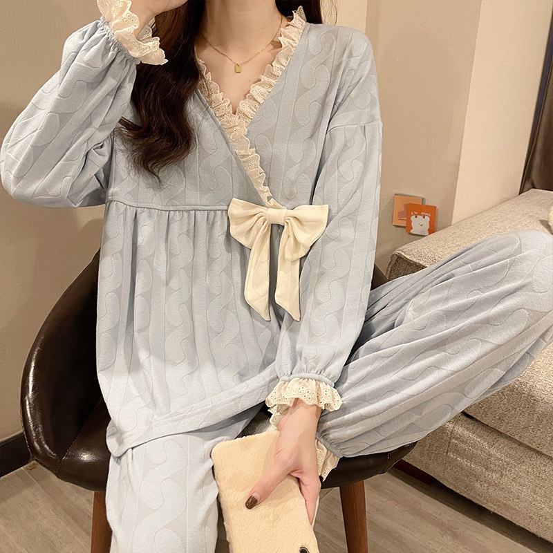 纯棉睡衣女士春秋款长袖套装薄款甜美可爱公主风蝴蝶结家居服夏季