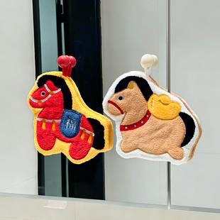 红色小马擦手巾新年挂式高颜值超强吸水加厚擦手布手帕珊瑚绒毛巾