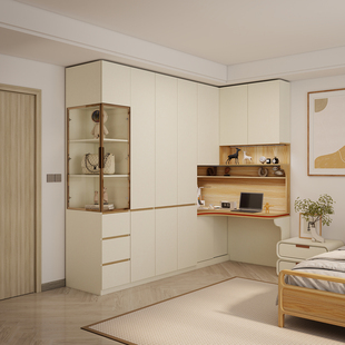 衣柜和书桌一体组合柜小户型儿童房实木转角多功能储物学习桌书柜