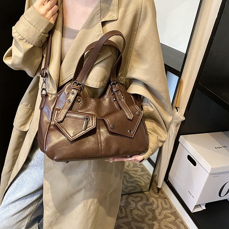 复古欧美大容量托特包2025新款手提斜挎包拼接女包简约软皮腋下包