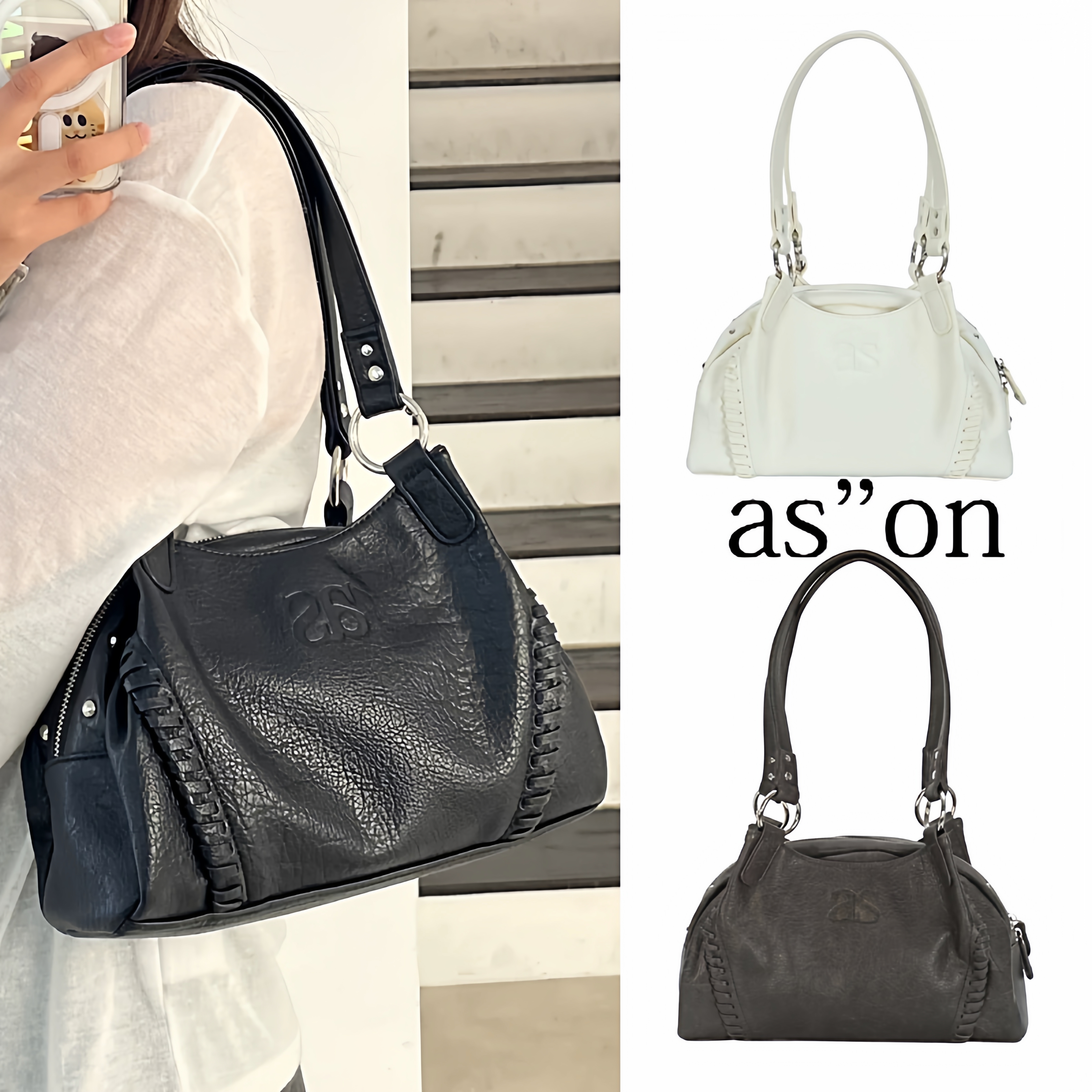 韩国小众ason流浪包李茶仁同款皮面机车包单肩腋下包大容量手提包