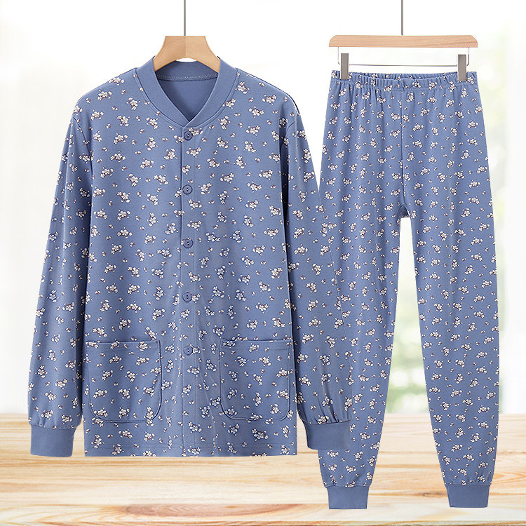 中老年人女士纯棉开衫秋衣秋裤套装妈妈开襟家居服针织大码棉毛衫