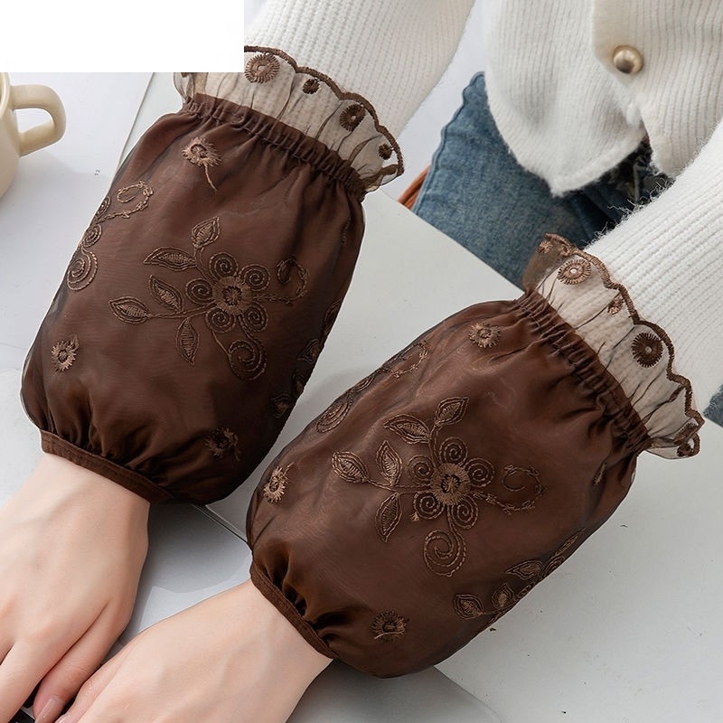 羽绒服袖头蕾丝袖套女士短款防污办公室防脏学生餐饮工作护袖咖色