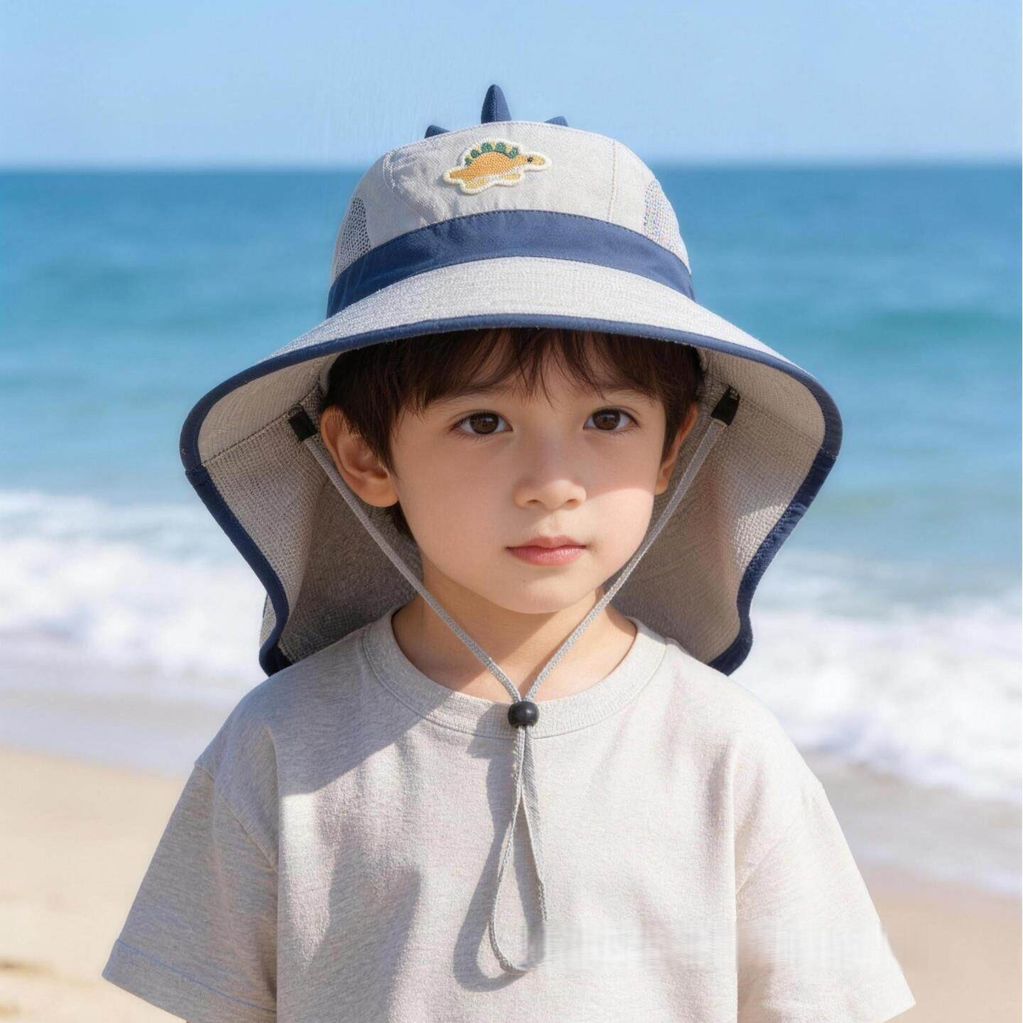 儿童防晒帽男童恐龙遮阳帽夏季宝宝大檐透气披肩帽海边沙滩太阳帽