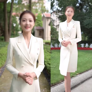 米白色主持人礼服女播音艺考正装连衣裙演讲比赛服装上镜面试西装