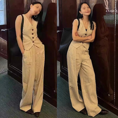 亚麻女夏款马甲阔腿裤女