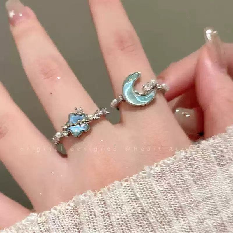 冰川蓝星星月亮珍珠锆石开口戒指女小众精致轻奢高级感高颜值指环